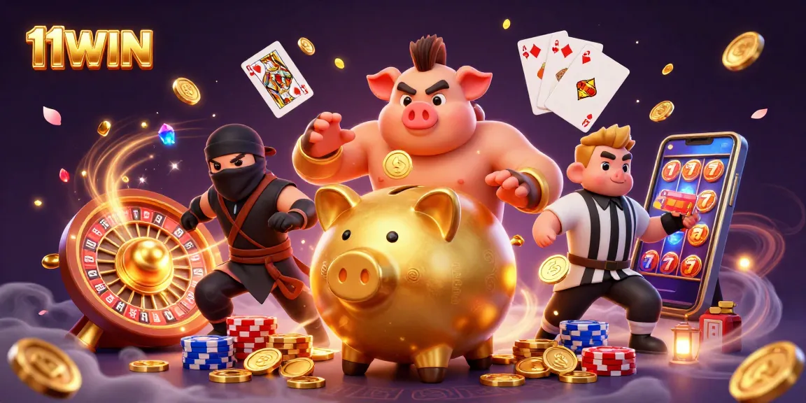 11WIN creates excitement with a dynamic 3D casino scene featuring a golden piggy bank wrestler surrounded by casino elements.