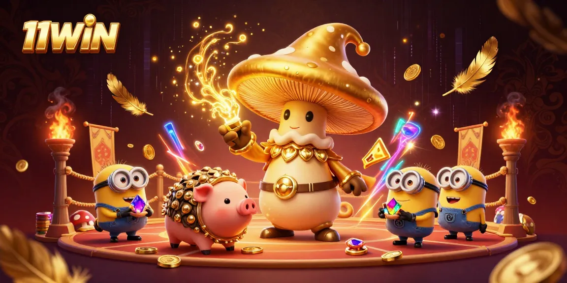 Engage with the rich and vibrant scene of 11WIN, featuring a golden mushroom wizard and treasure elements.
